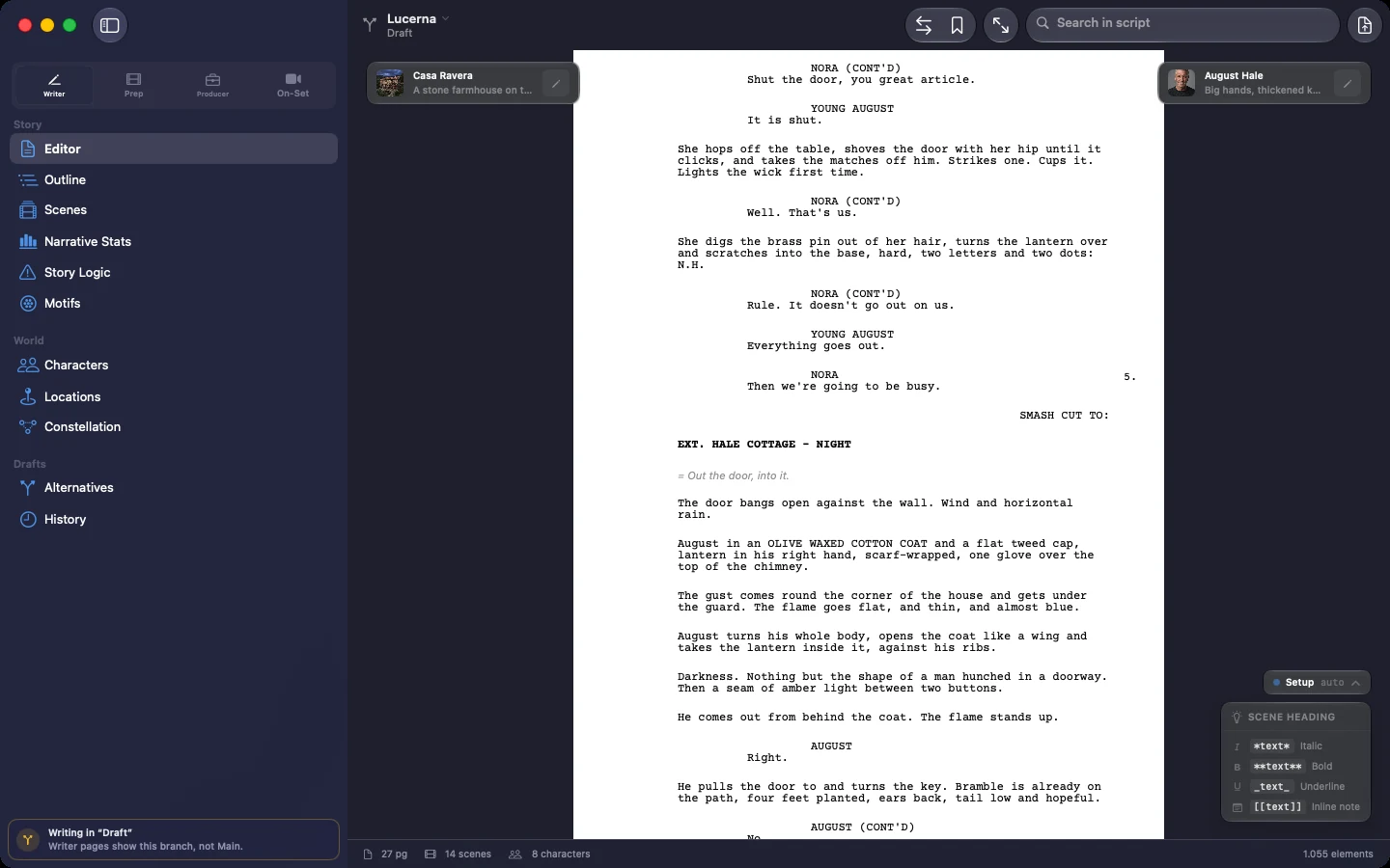 The editor: a formatted page, a location card and a character card open beside it