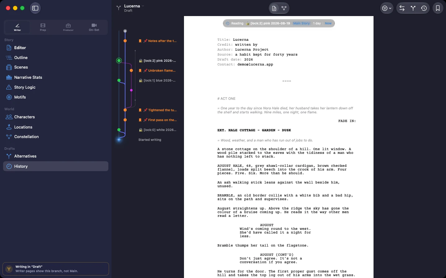 Project history: drafts and alternate endings in colored lanes, the page open beside them
